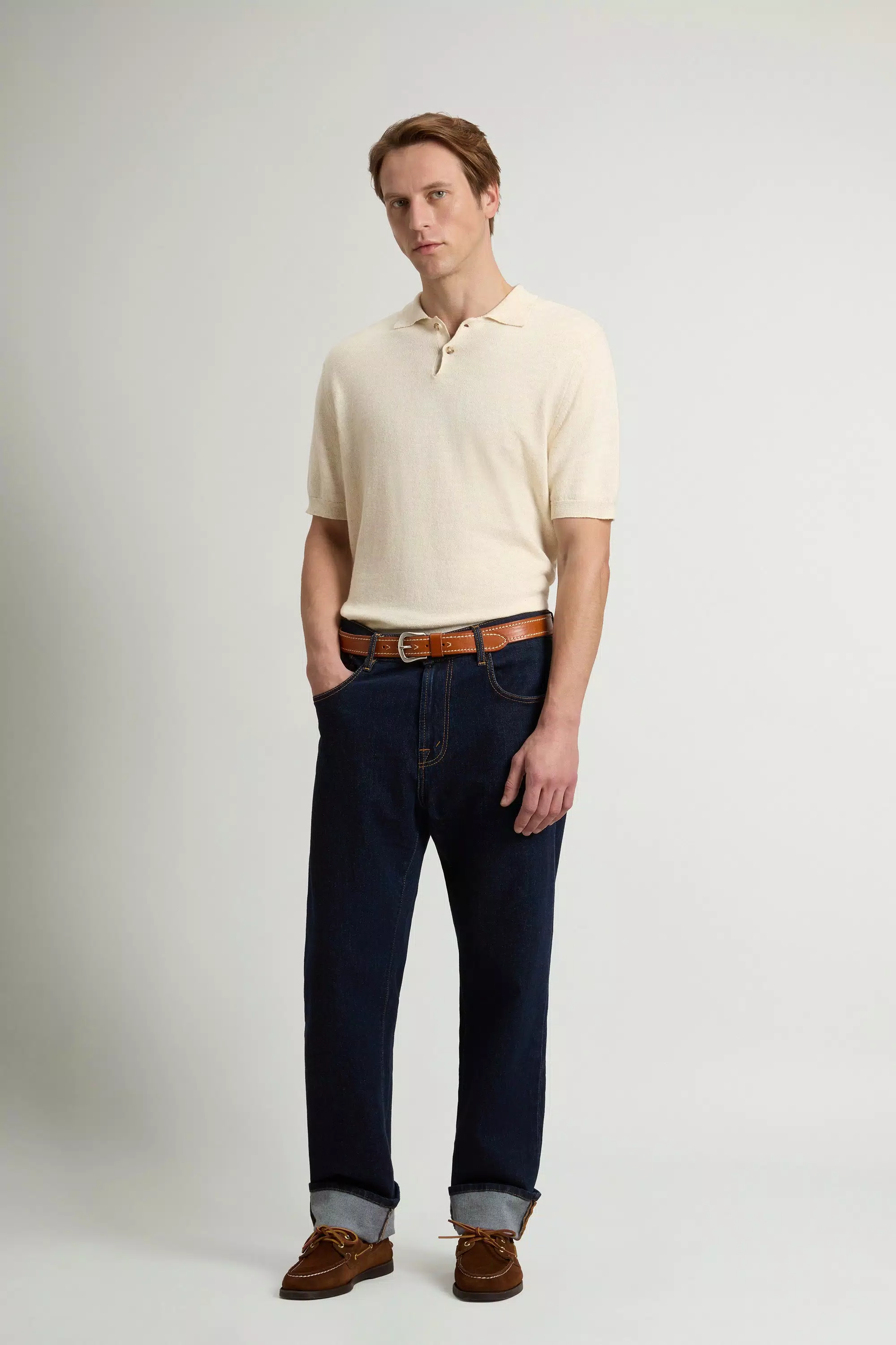 Polo Shirt in Knit Cotton and Linen Blend - Milky Cream Melange
