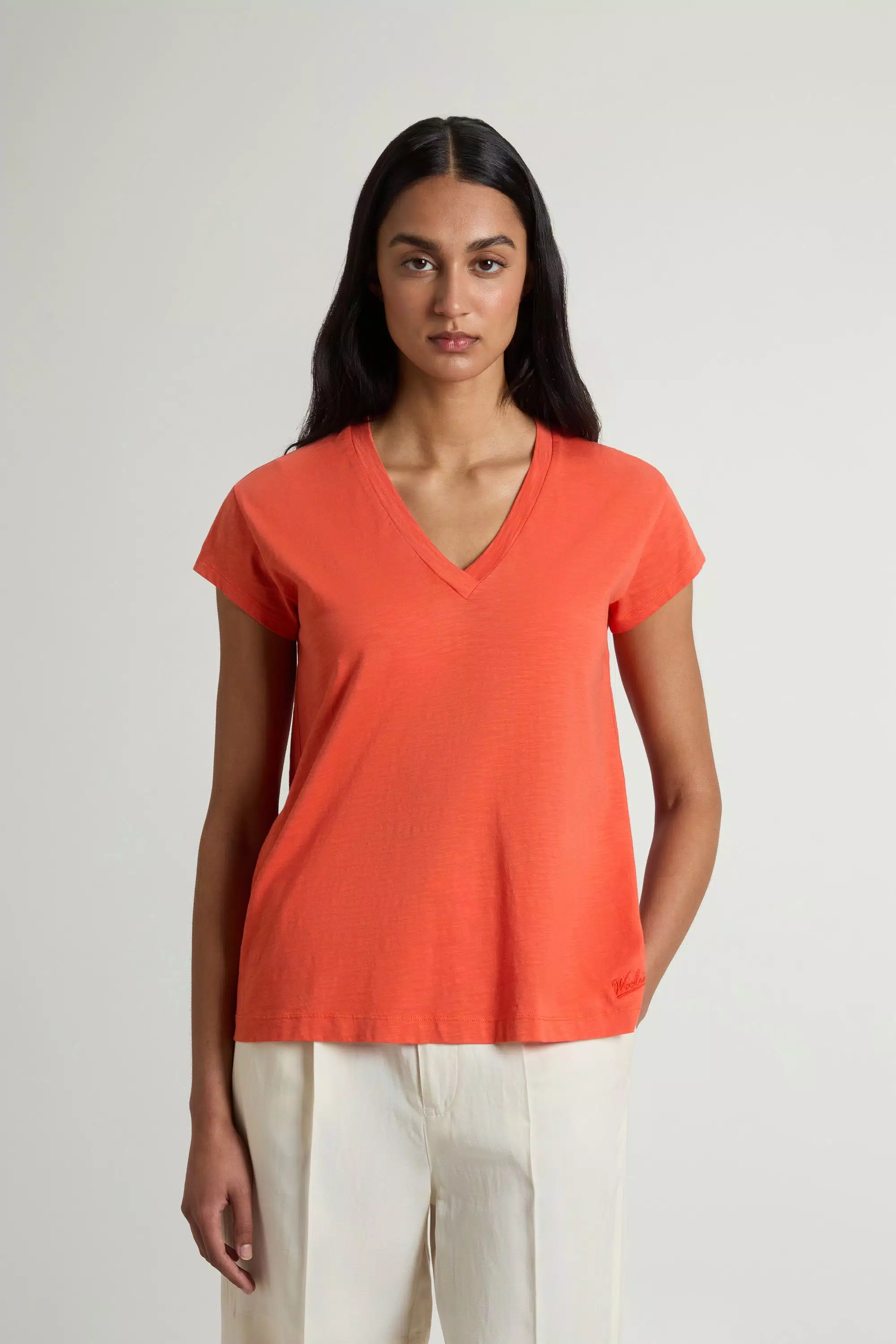 V-Neck T-Shirt in Pure Cotton Slub Fabric - Paprika