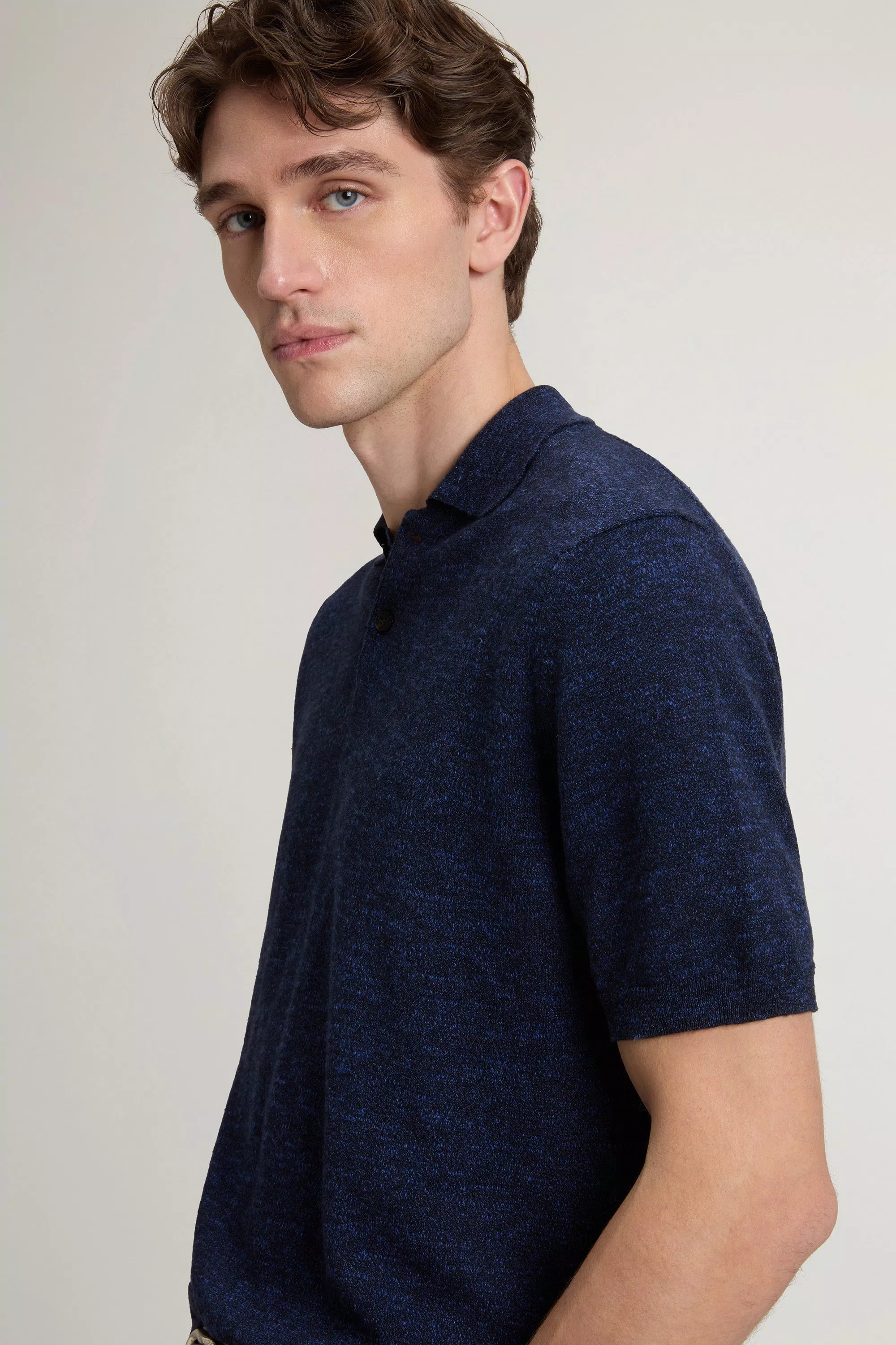 Polo Shirt in Knit Cotton and Linen Blend - Melton Blue Melange