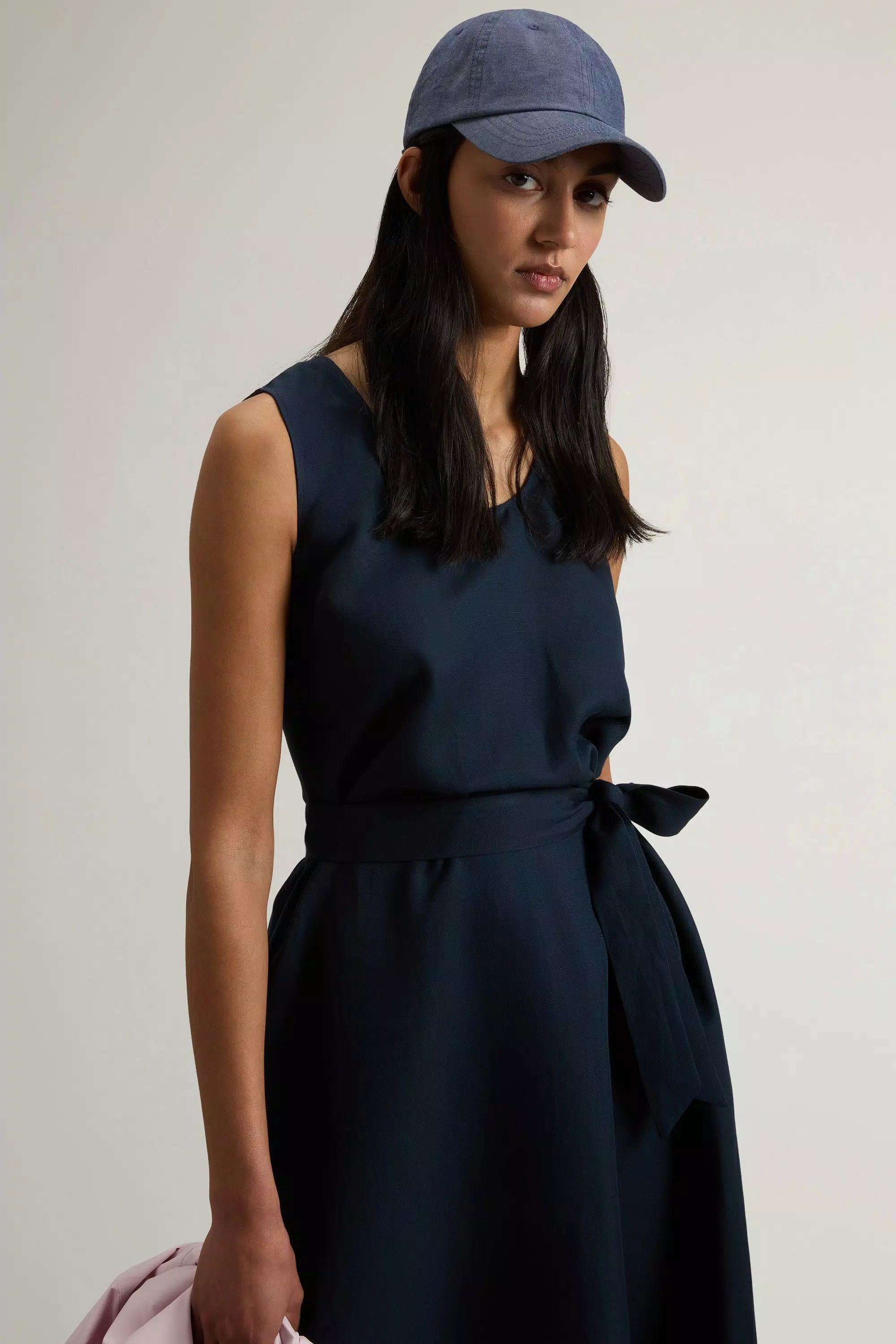 Sleeveless Dress in Linen Blend with Belt - Melton Blue