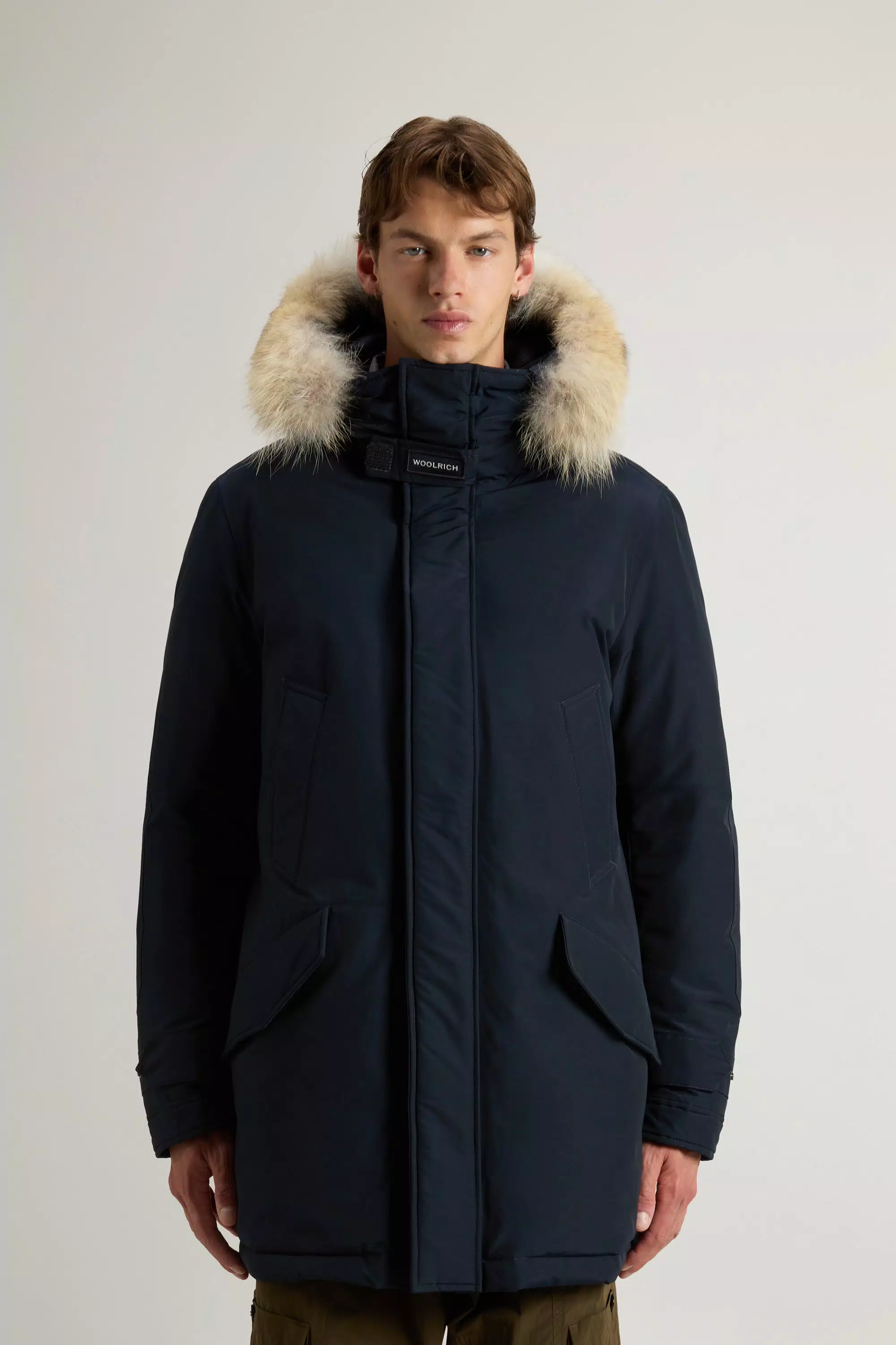 Polar Parka in Ramar Cloth with High Collar and Fur Trim - Melton Blue