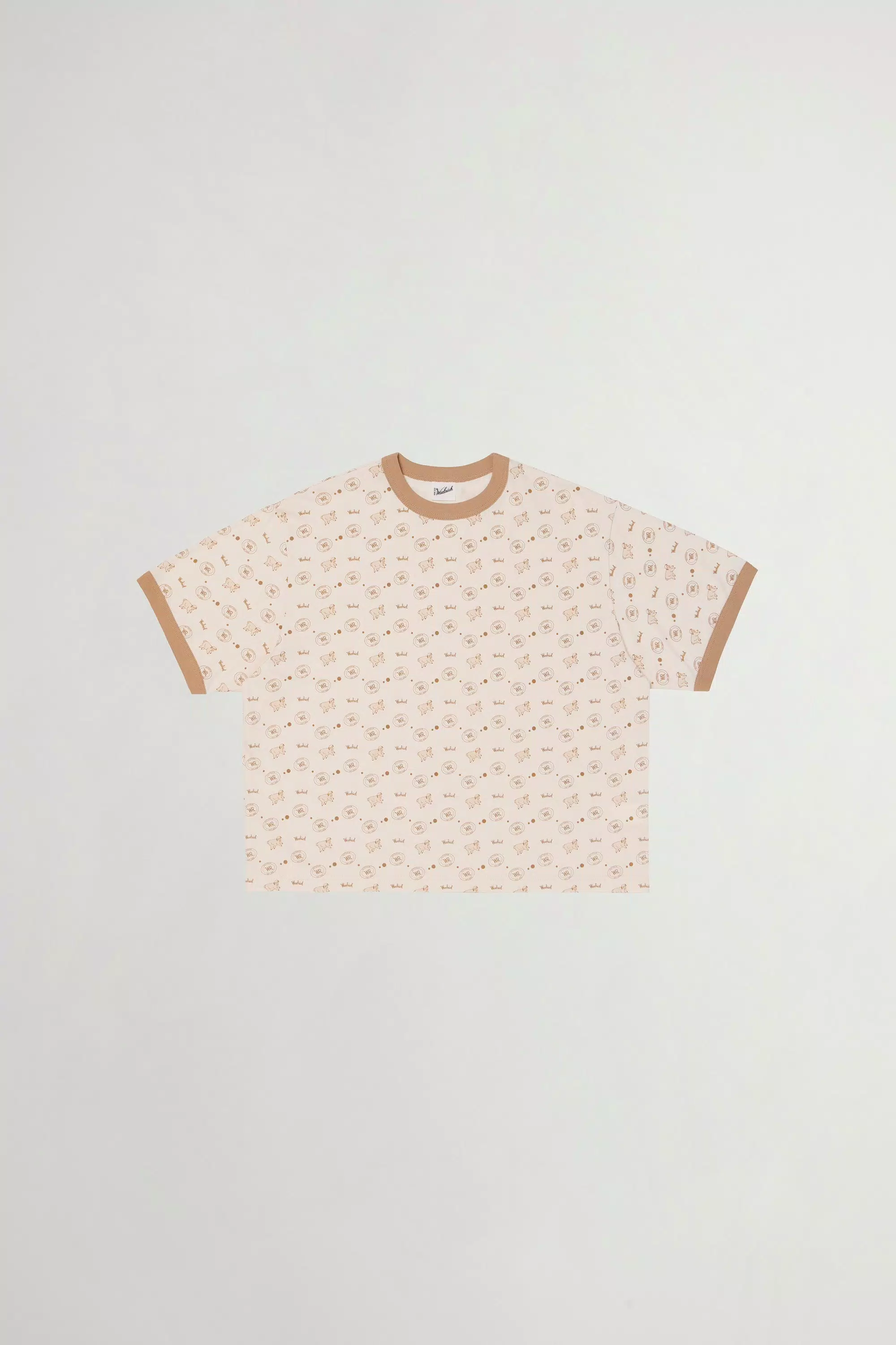 Ringer T-Shirt in Printed Pure Cotton - Beige