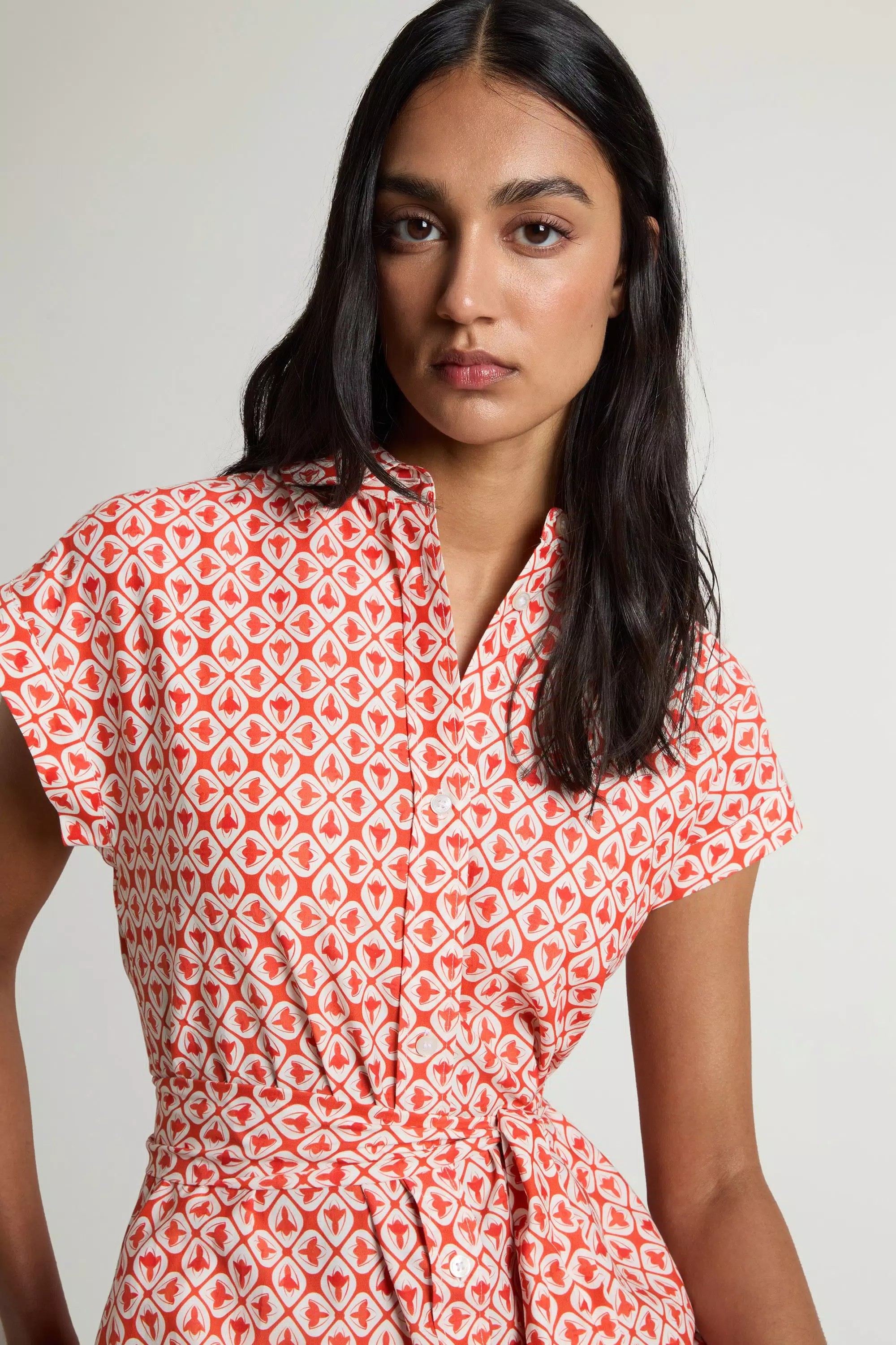 Shirt Dress in Cotton Blend with Belt - Paprika Tile Bloom