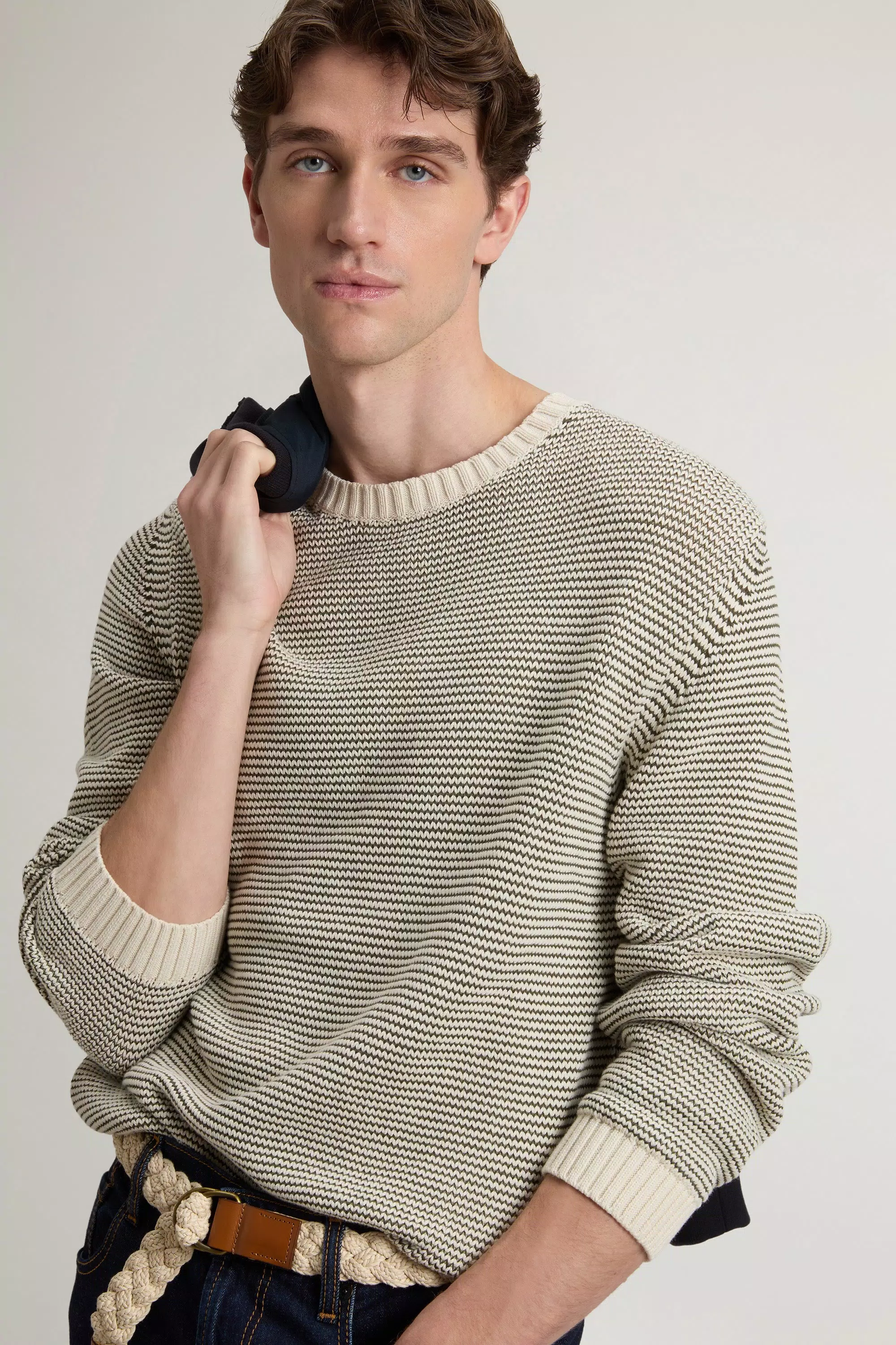 Striped Crewneck Sweater in Cotton Blend - Milky Cream Stripe