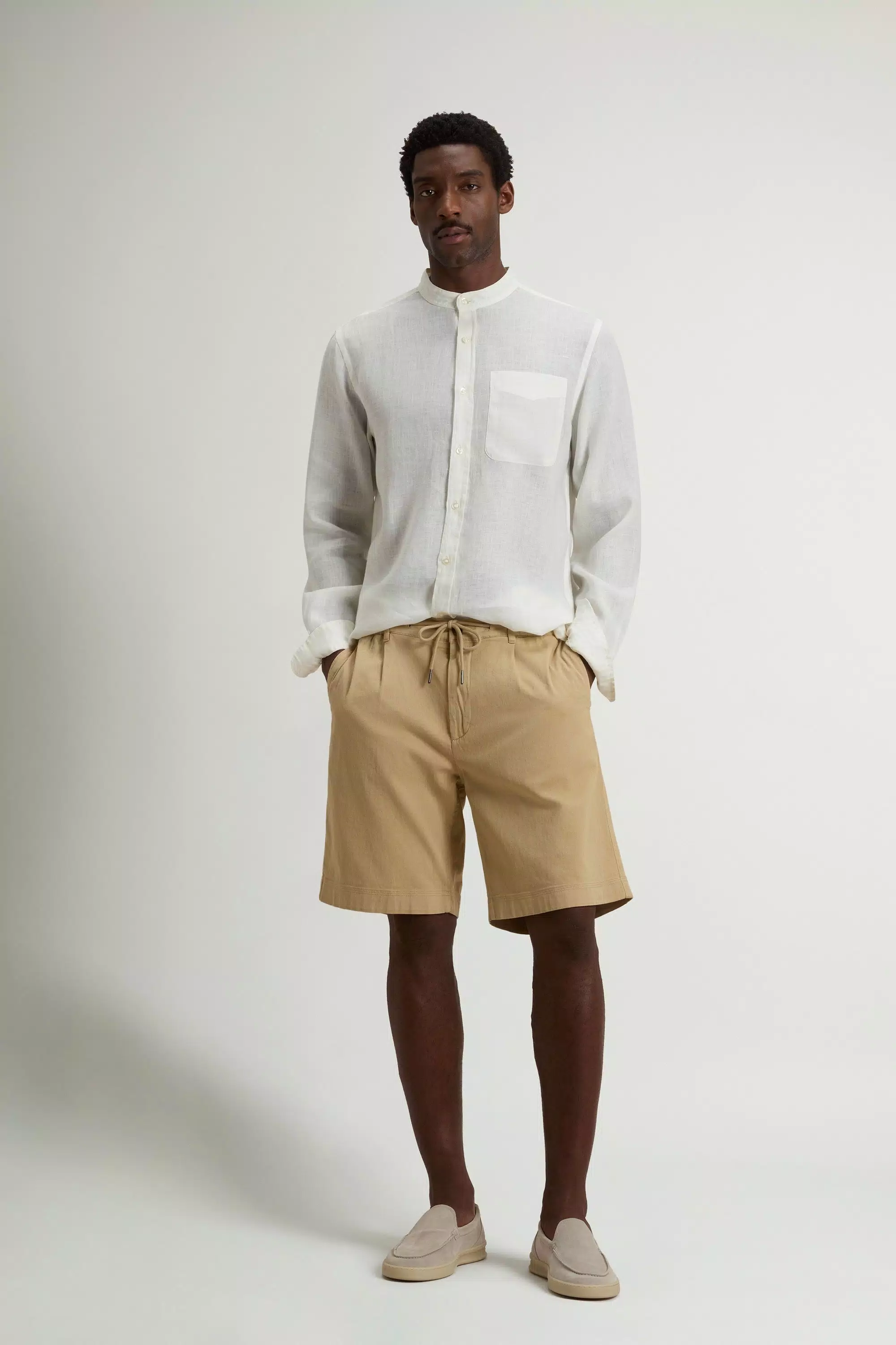 Garment-Dyed Milton Shorts in Cotton and Linen Blend - Travertine