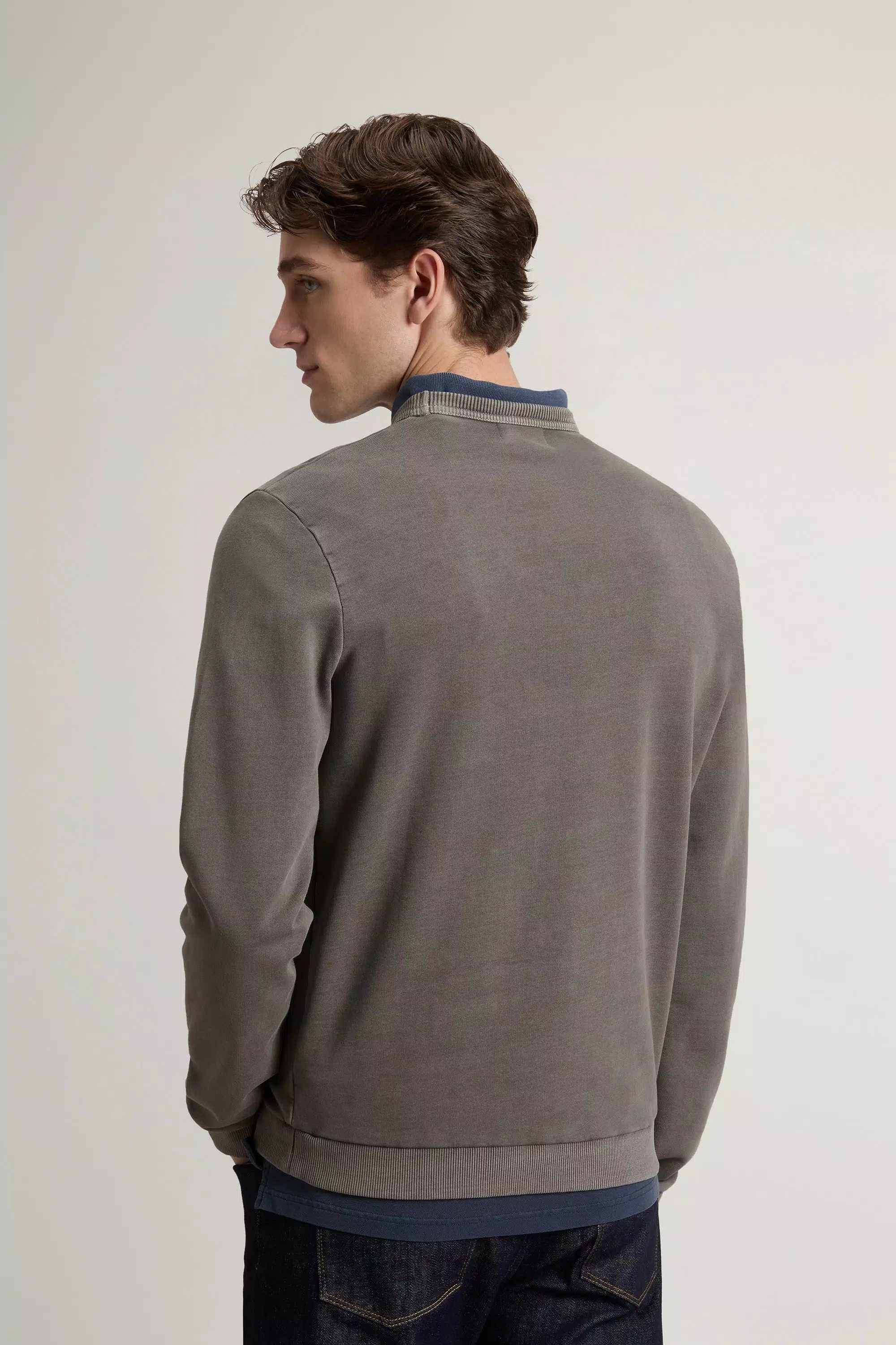 Garment-Dyed Crewneck Sweatshirt in Pure Cotton with Logo - Faded Smokey Olive