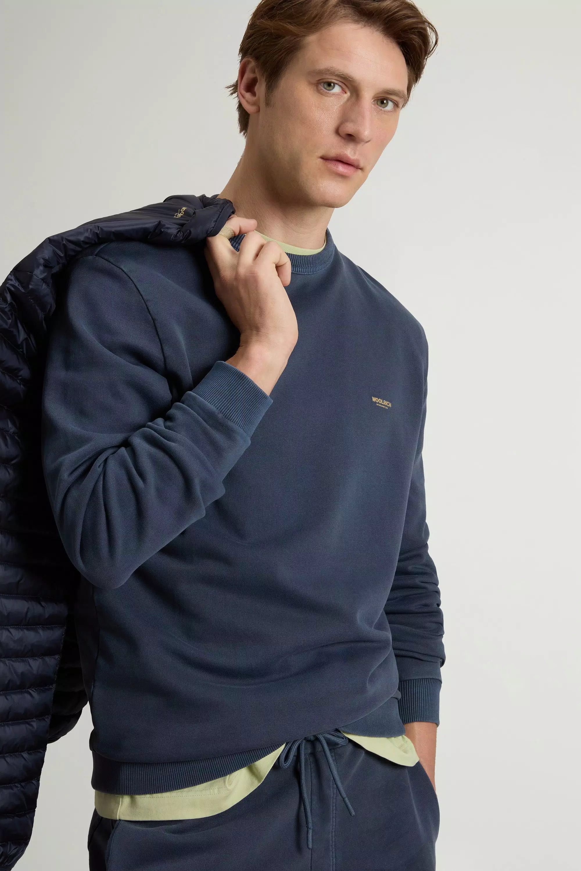Garment-Dyed Crewneck Sweatshirt in Pure Cotton with Logo - Faded Melton Blue