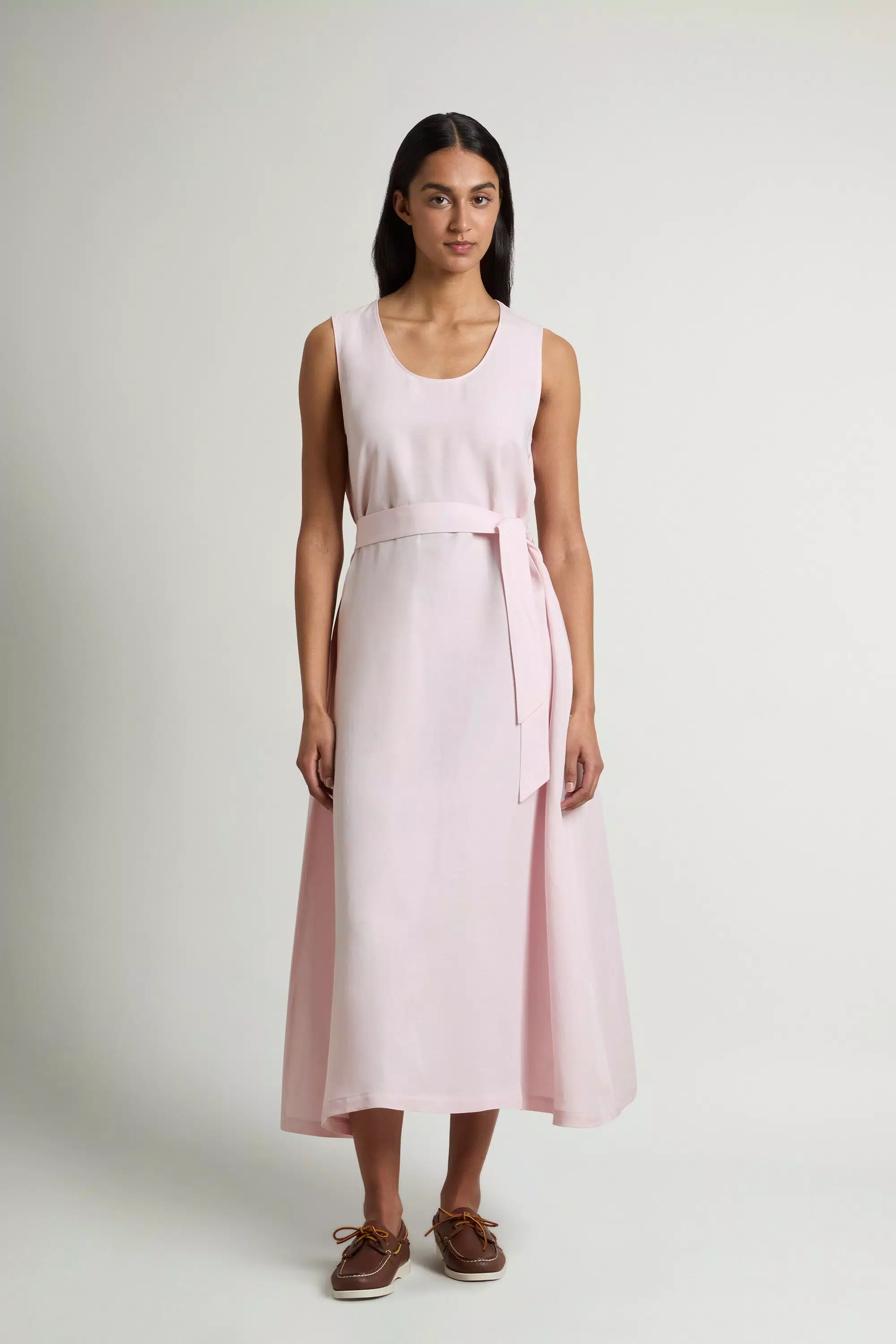 Sleeveless Dress in Linen Blend with Belt - Pale Lilac