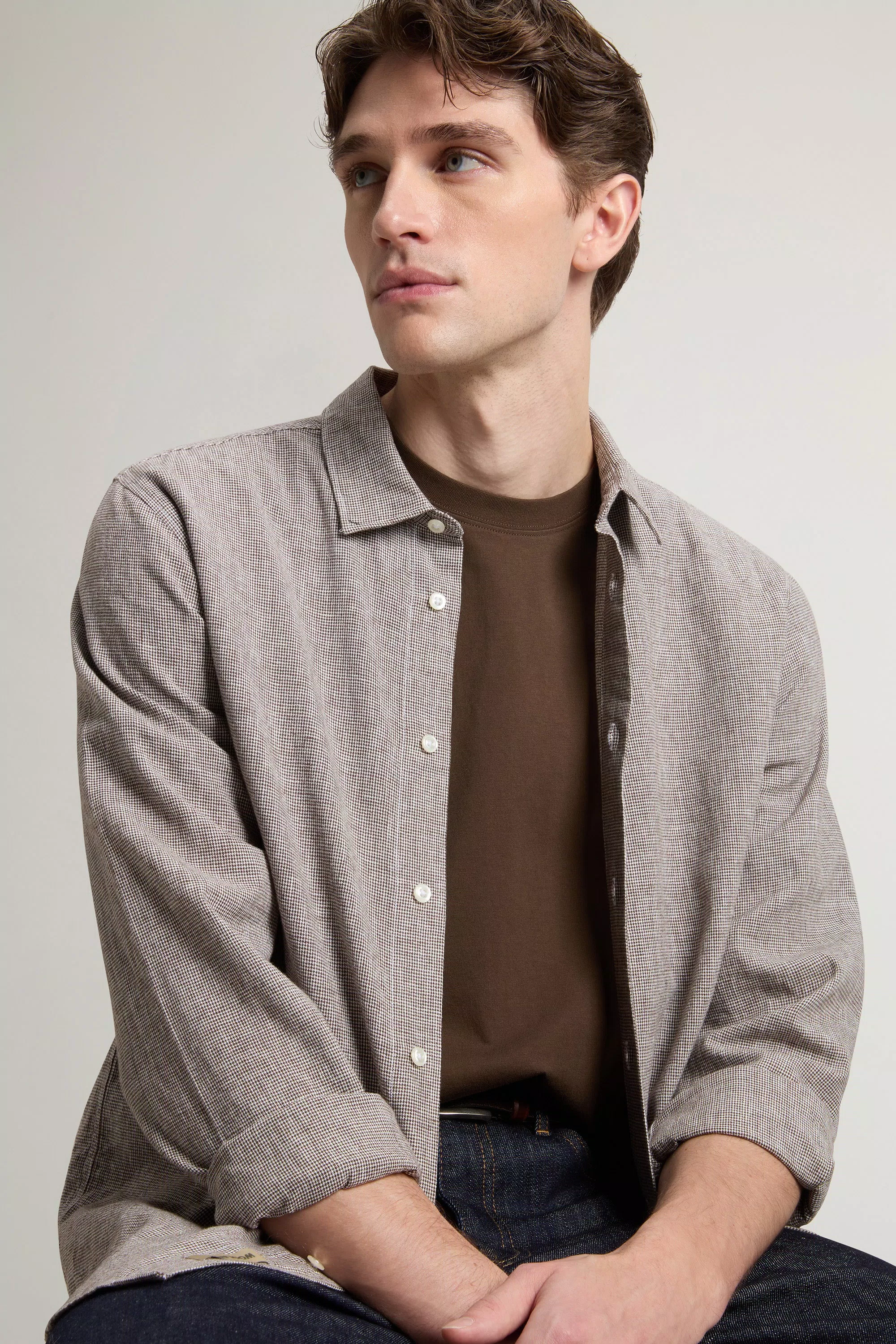 Shirt in Cotton and Linen Blend - Brown Pied De Poule