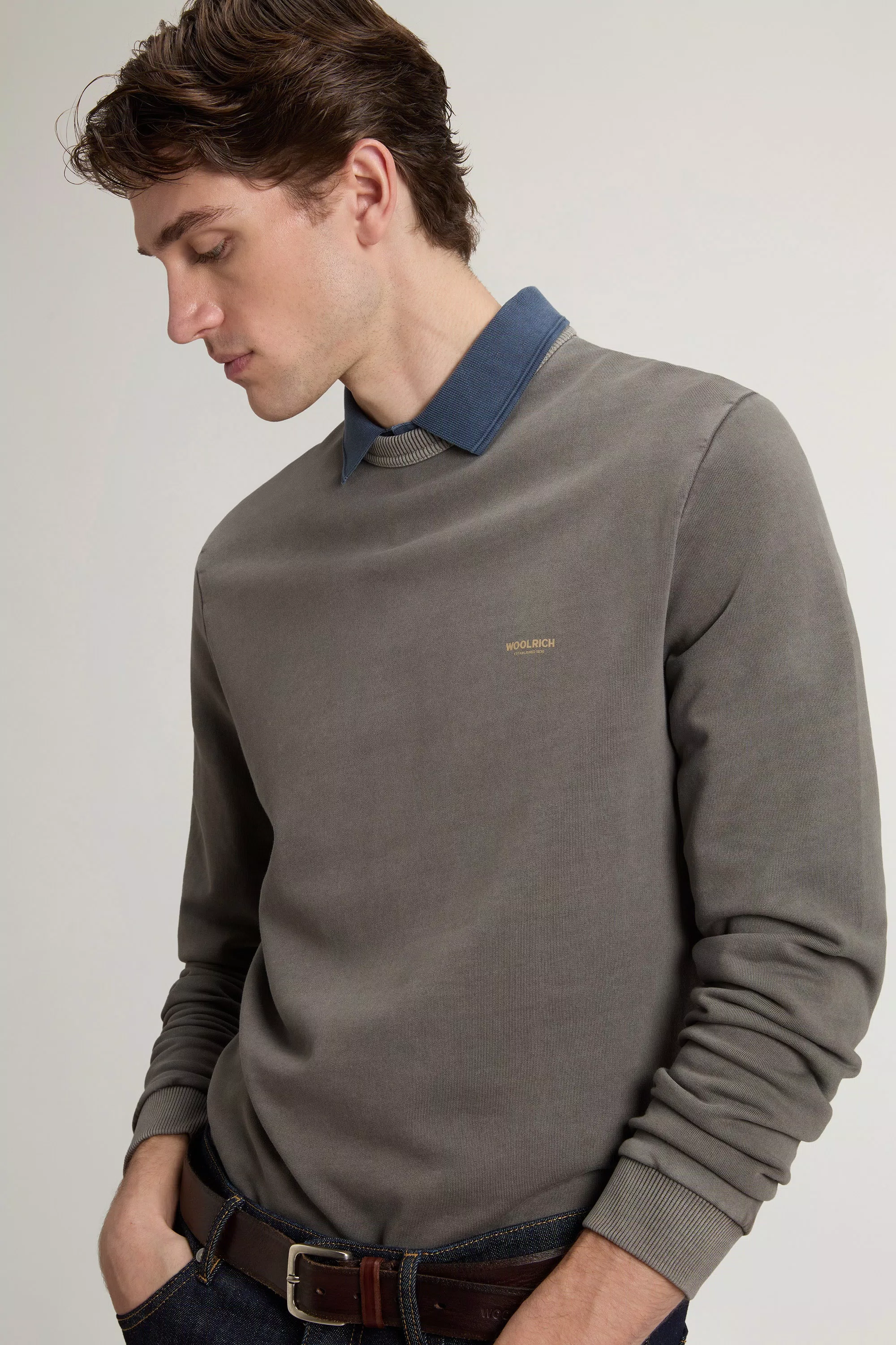 Garment-Dyed Crewneck Sweatshirt in Pure Cotton with Logo - Faded Smokey Olive