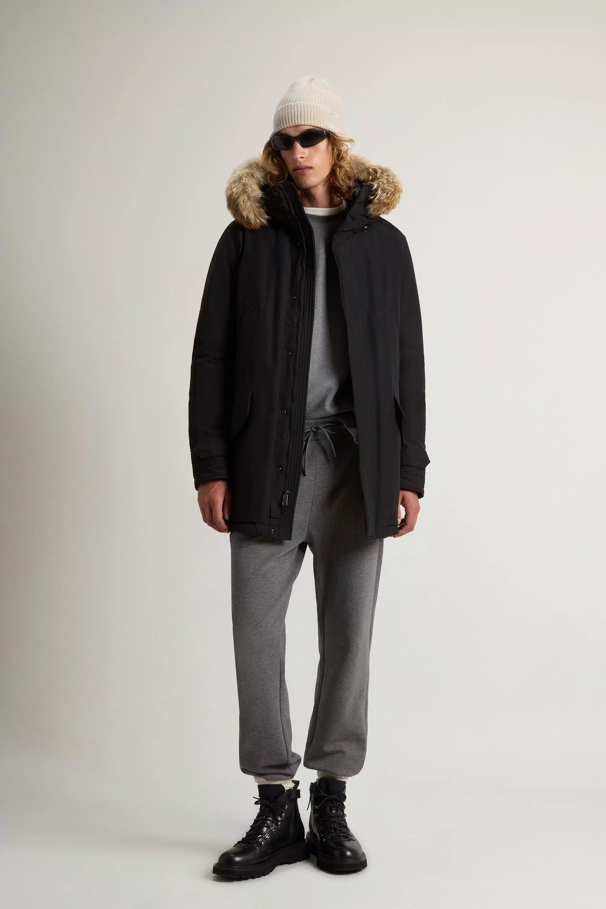 Polar Parka in Ramar Cloth with High Collar and Fur Trim - Black