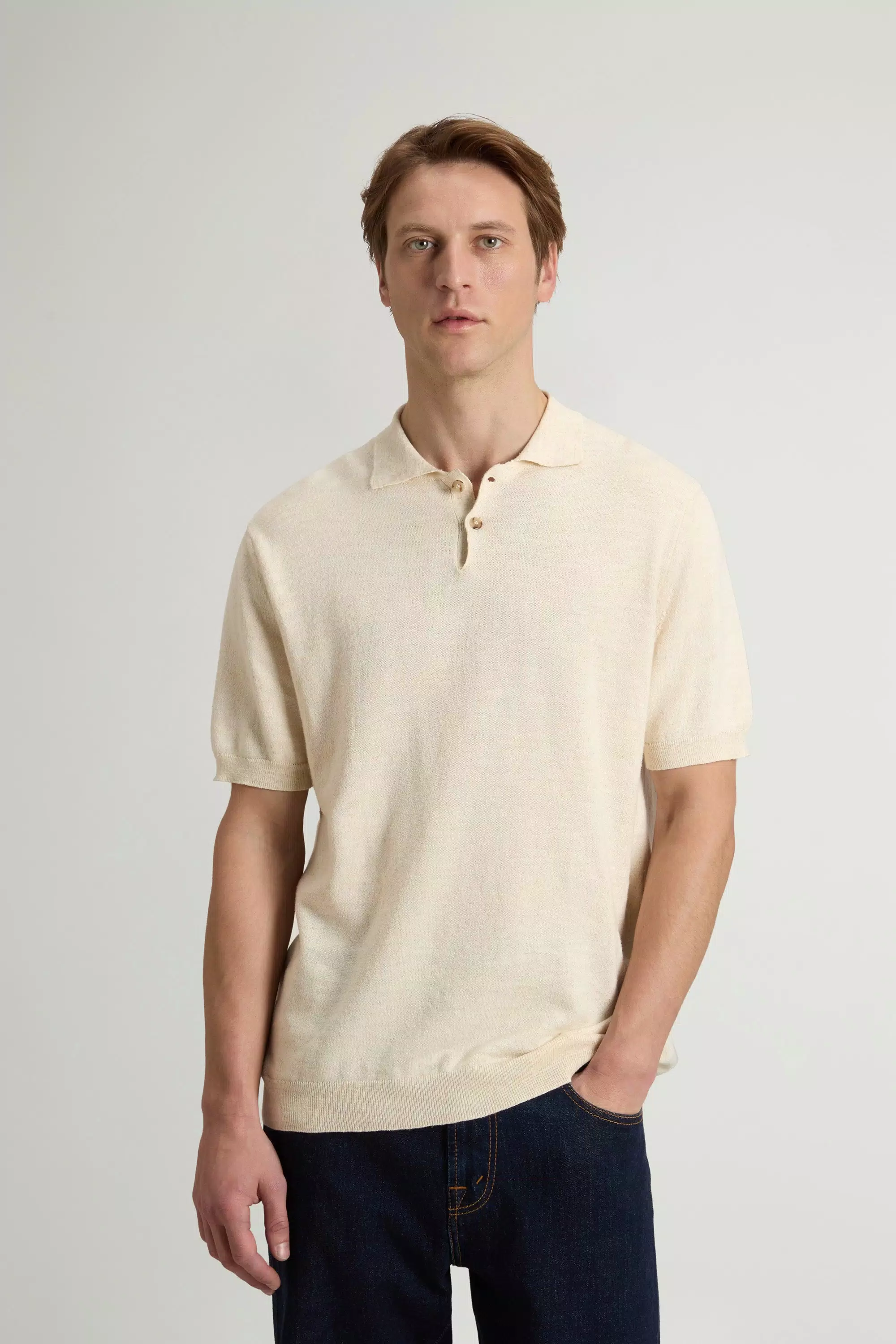 Polo Shirt in Knit Cotton and Linen Blend - Milky Cream Melange