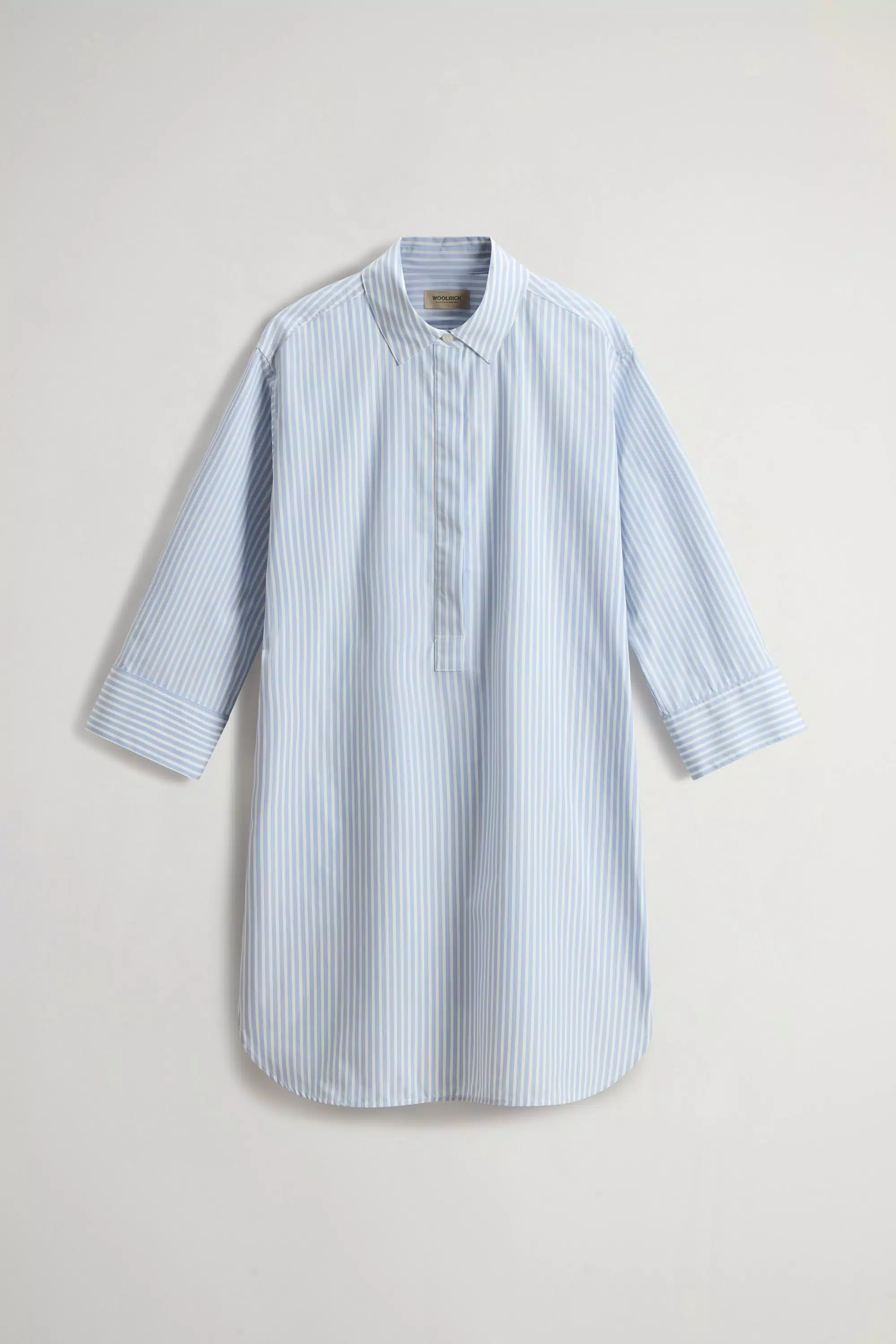Granddad-Collar Dress in Striped Pure Cotton Poplin - Stripe Blue Whiff