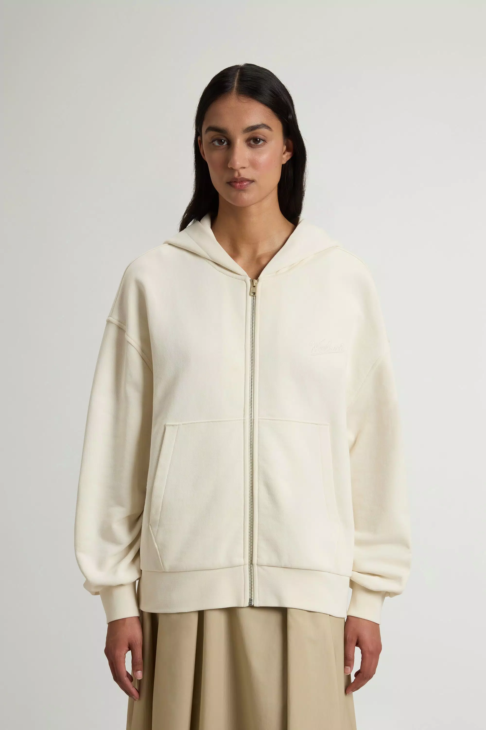 Full-Zipper Hoodie in Pure Cotton - Milky Cream