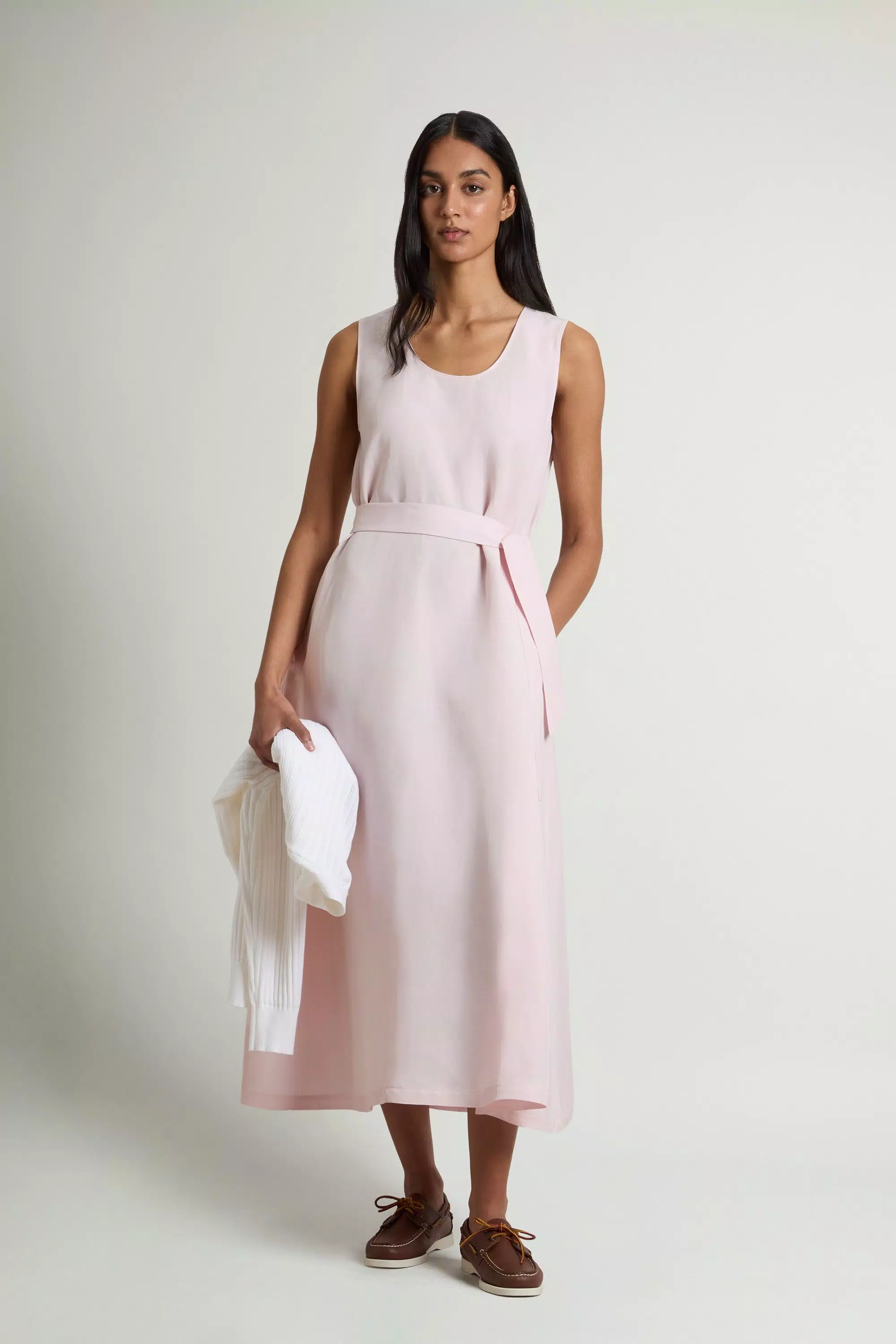 Sleeveless Dress in Linen Blend with Belt - Pale Lilac