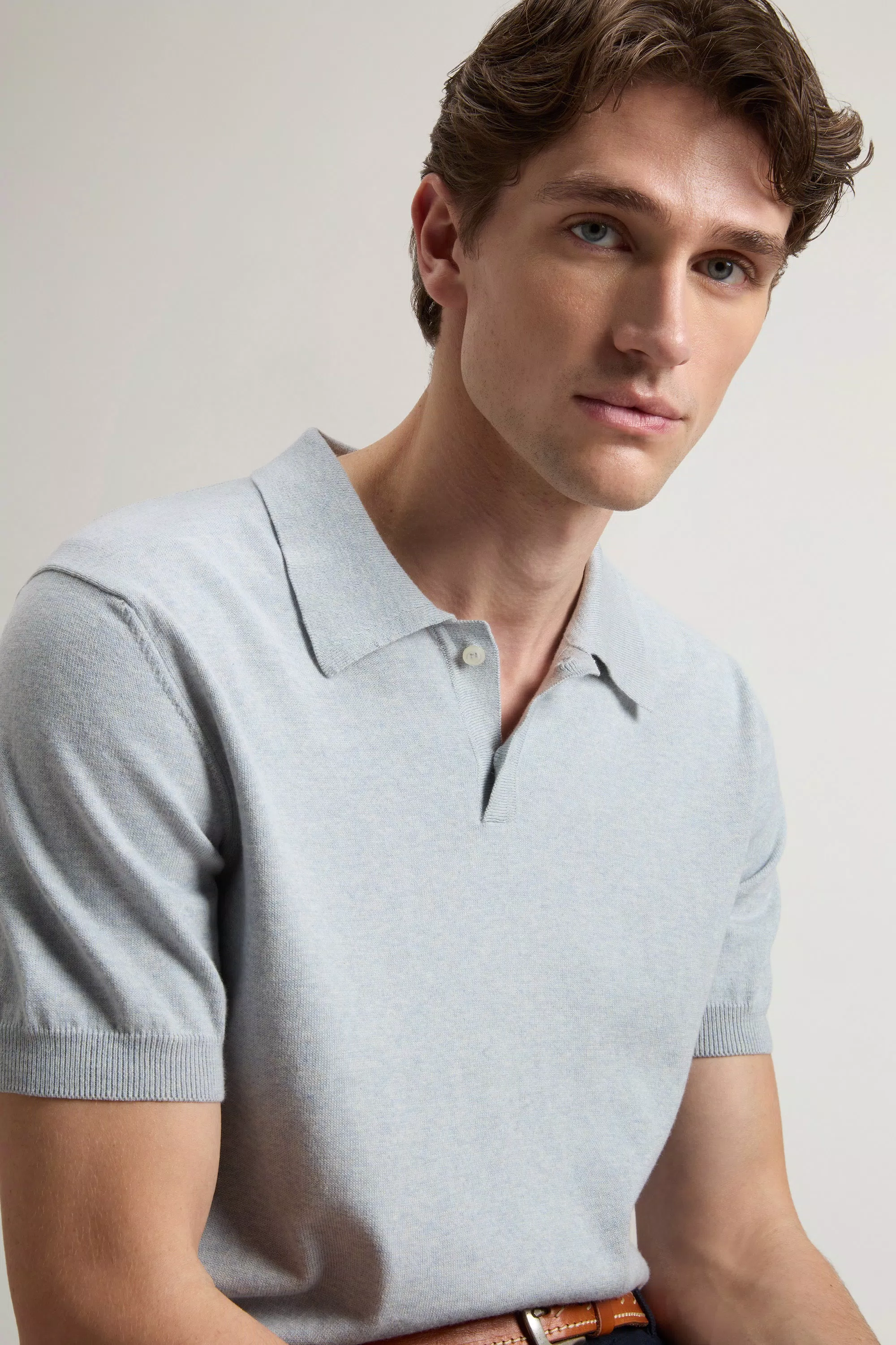 Polo Shirt in Knit Pure Cotton - Light Blue Melange