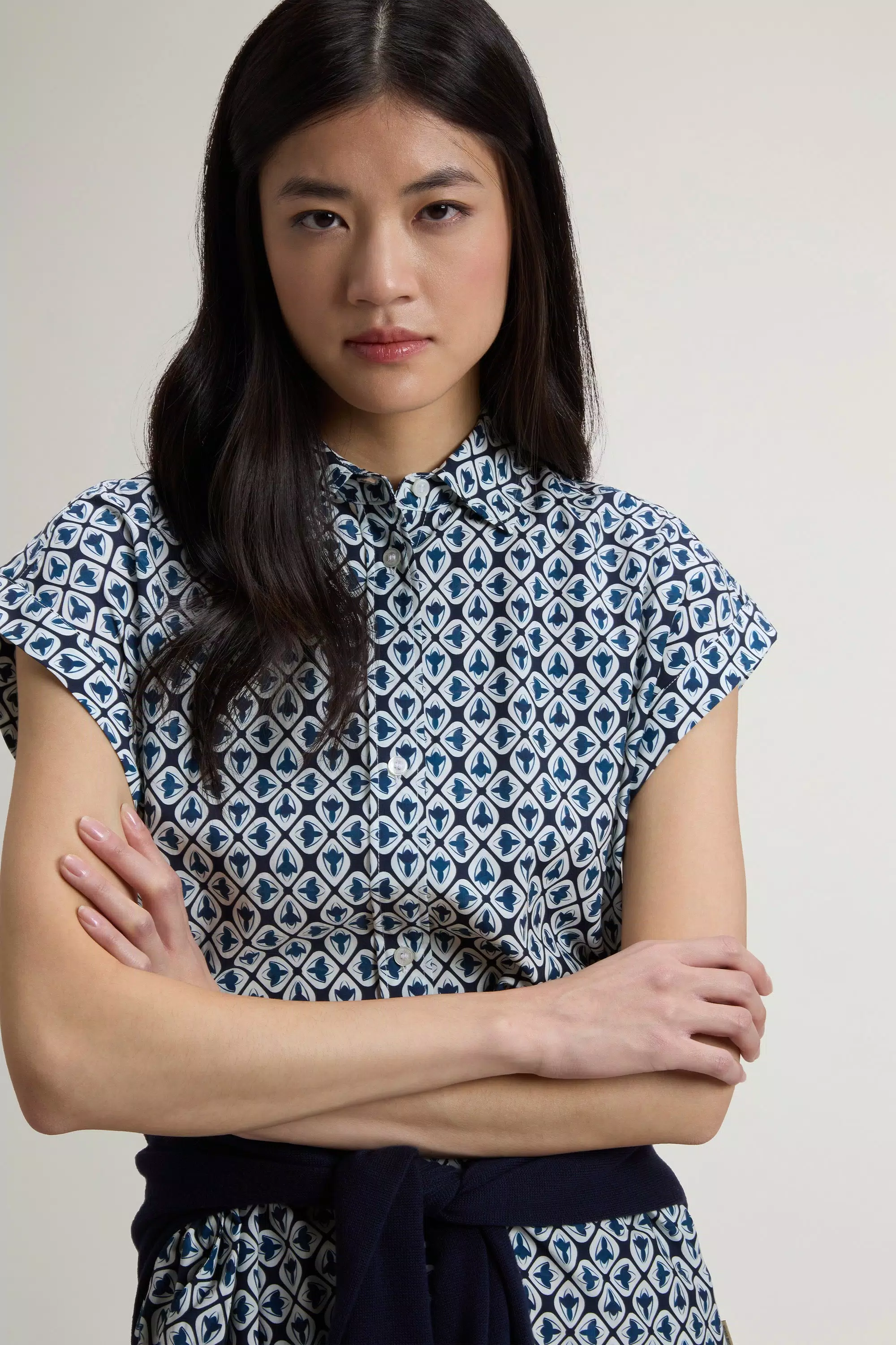 Shirt Dress in Cotton Blend with Belt - Blue Tile Bloom