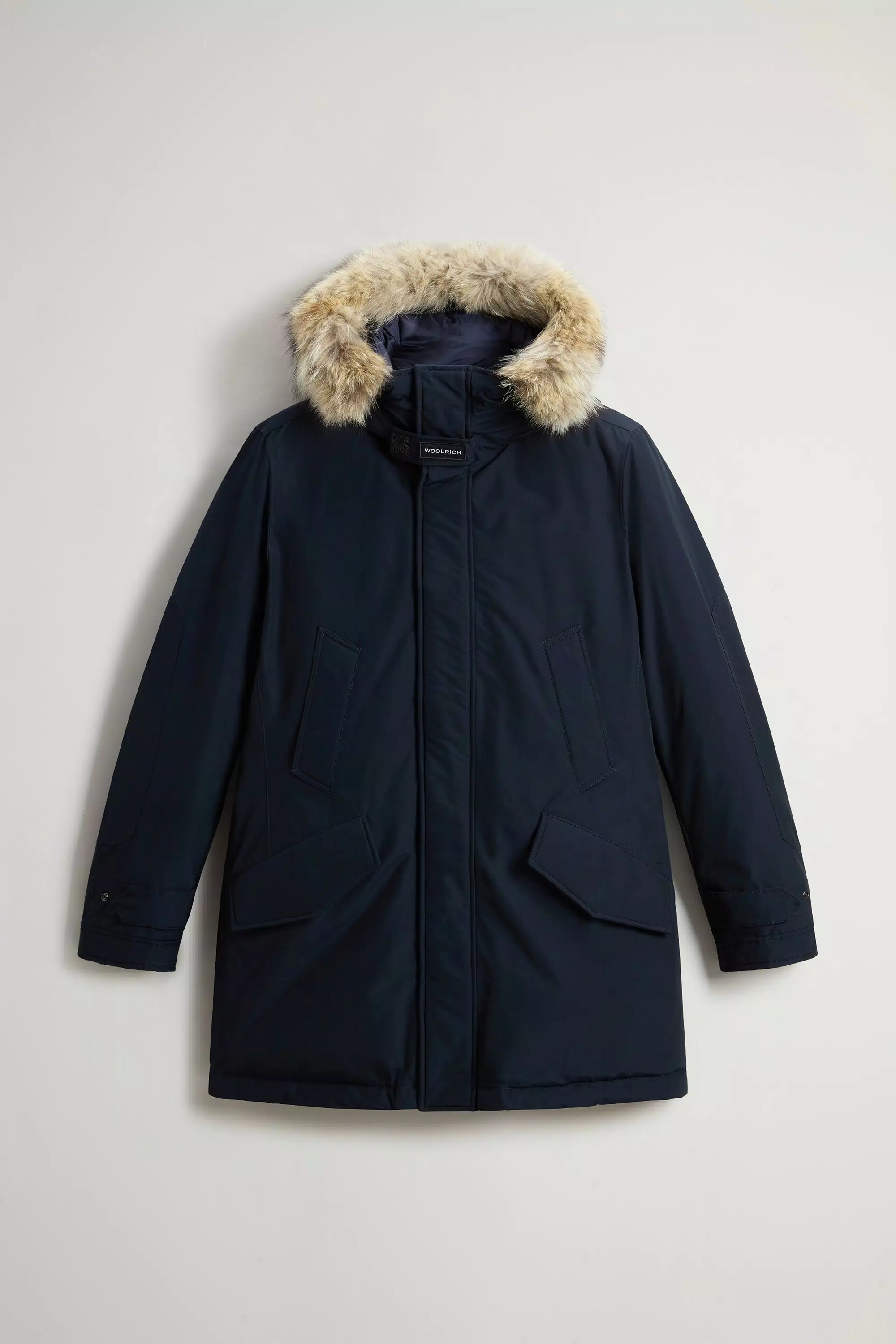 Polar Parka in Ramar Cloth with High Collar and Fur Trim - Melton Blue