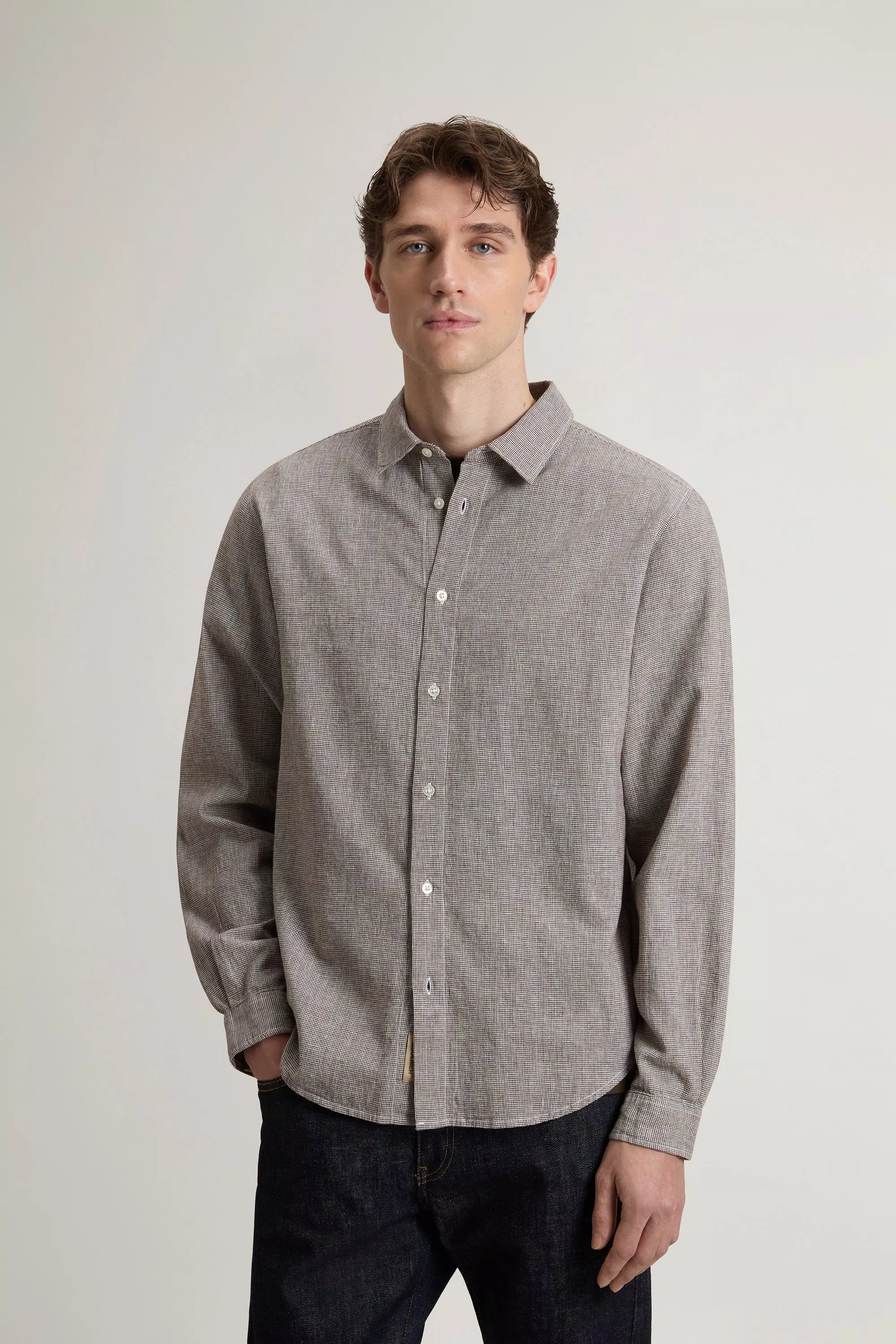Shirt in Cotton and Linen Blend - Brown Pied De Poule