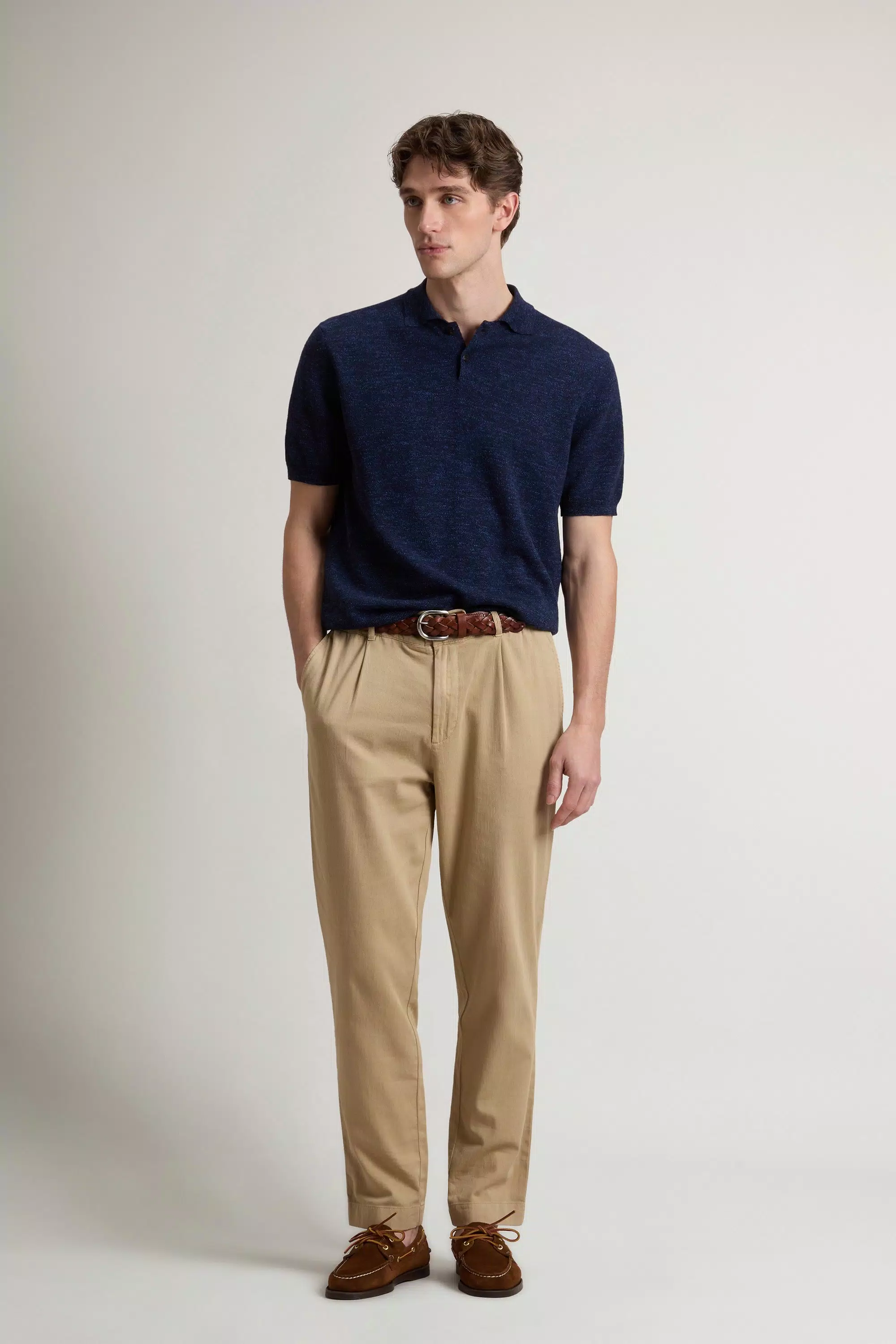 Polo Shirt in Knit Cotton and Linen Blend - Melton Blue Melange