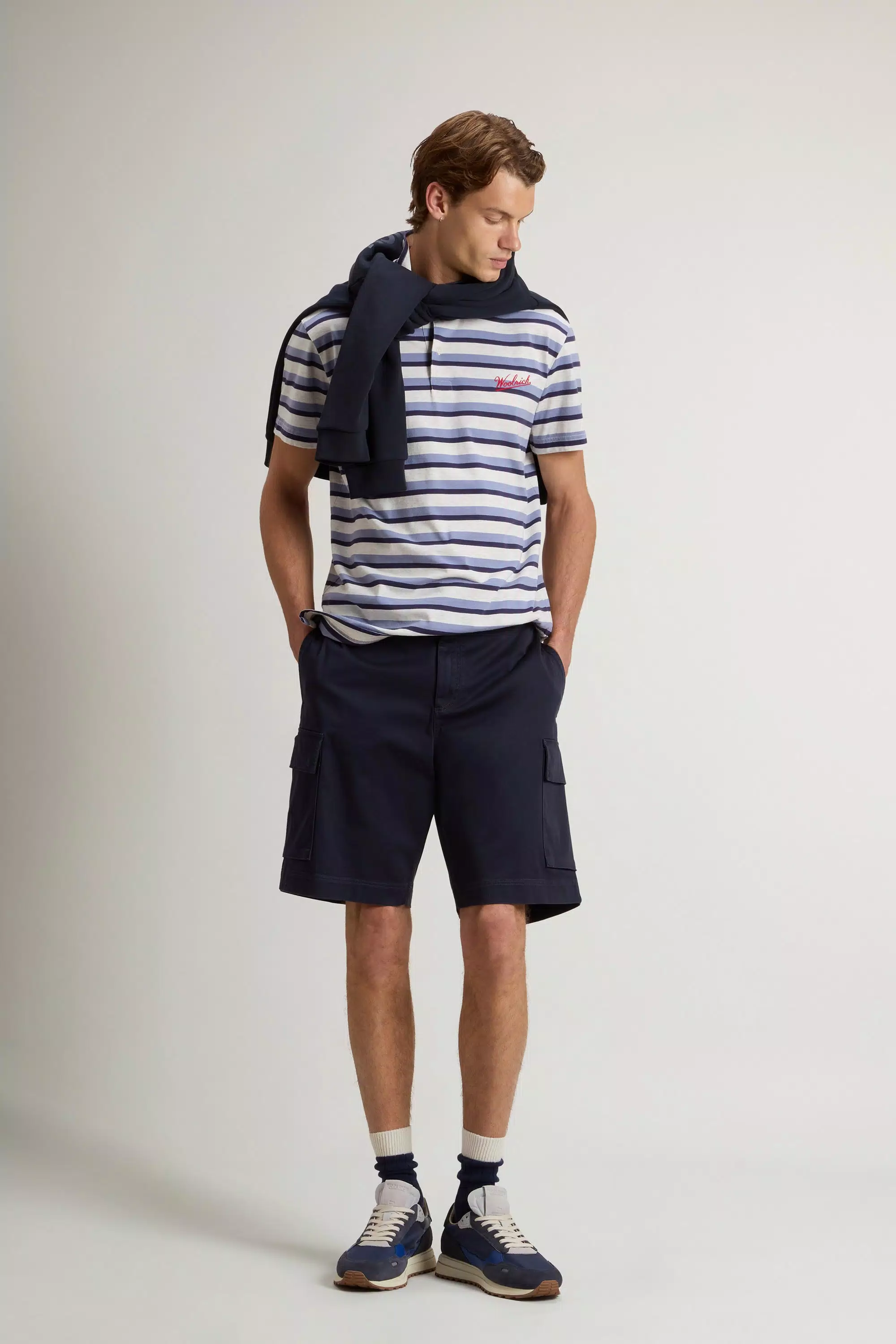 Polo Shirt in Melange Cotton Pique - Blue Stripe