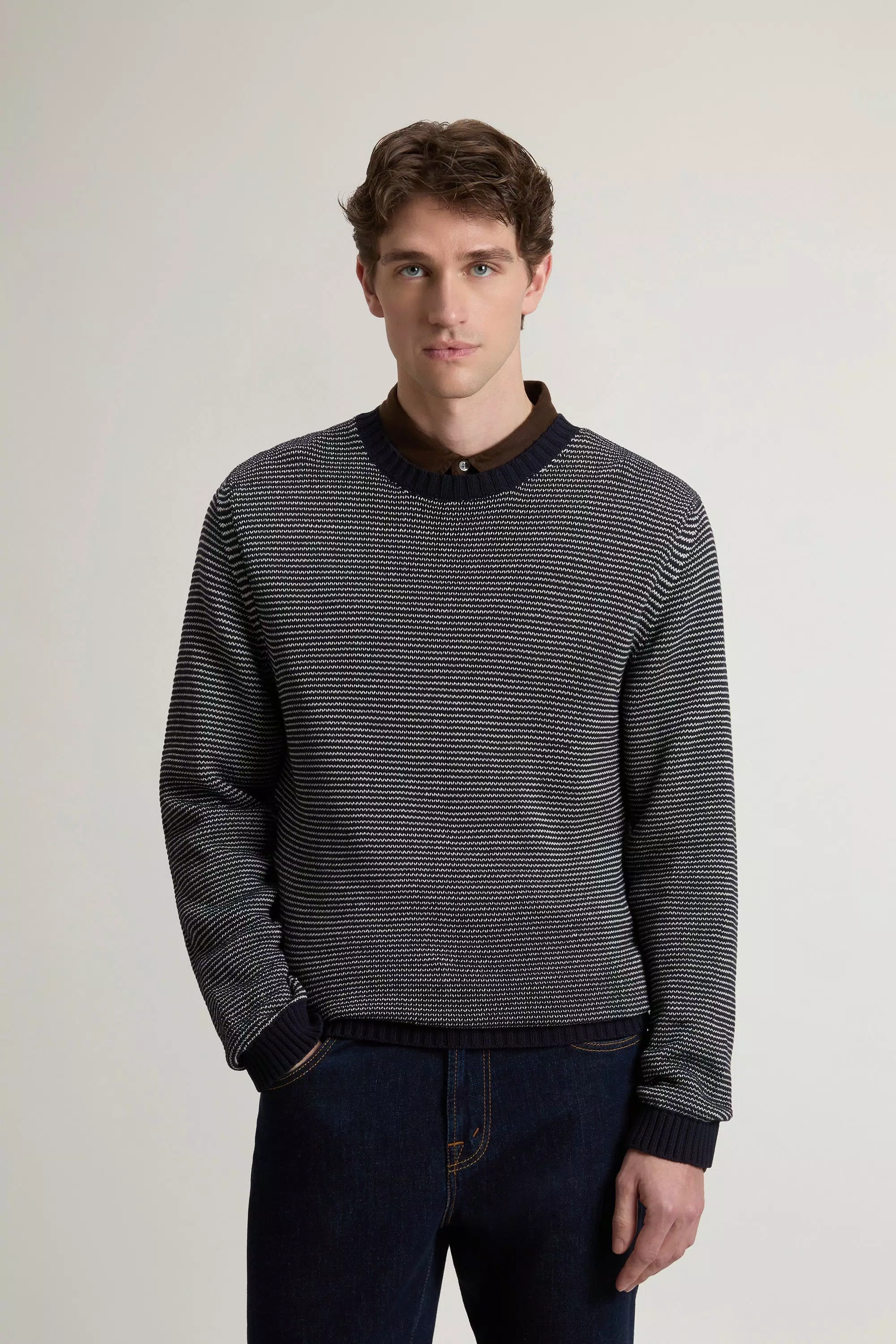 Striped Crewneck Sweater in Cotton Blend - Blue Stripe